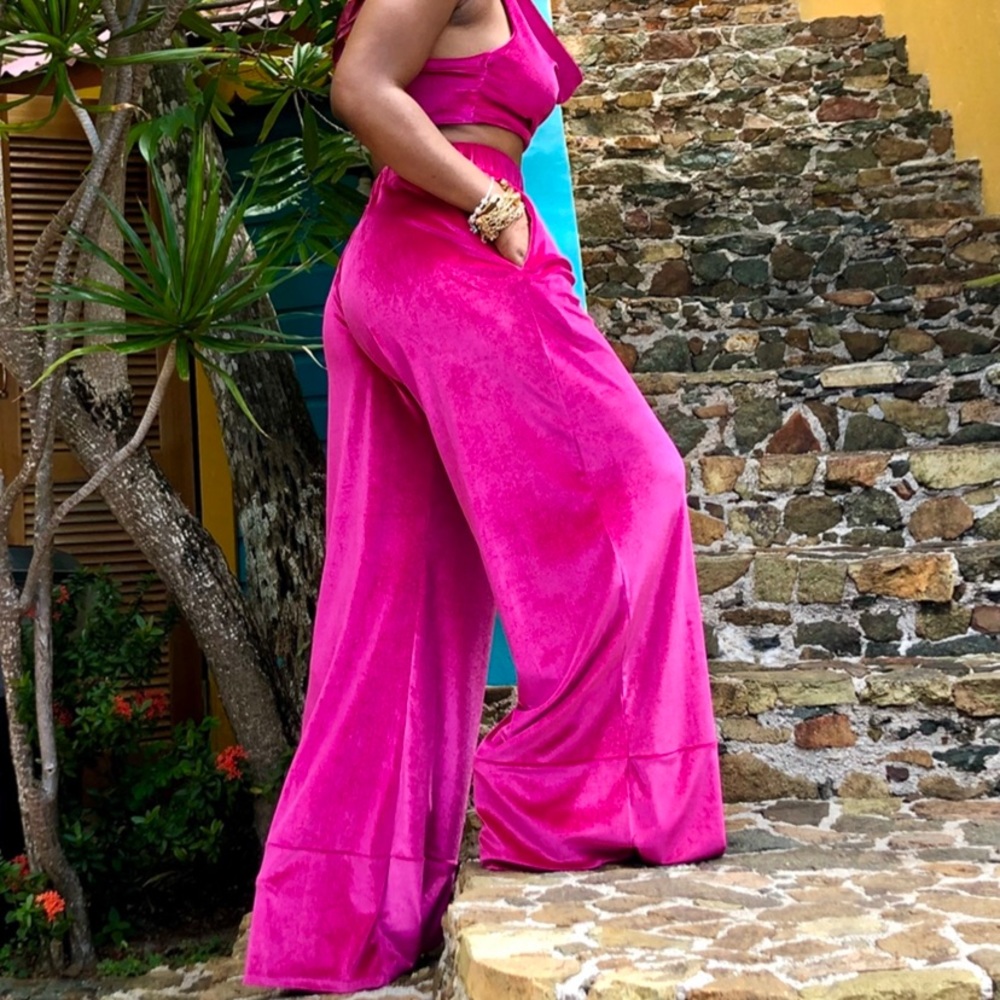 Crystal Moné By Tiffany Clarke High Waisted Fuschia Velvet Joggers